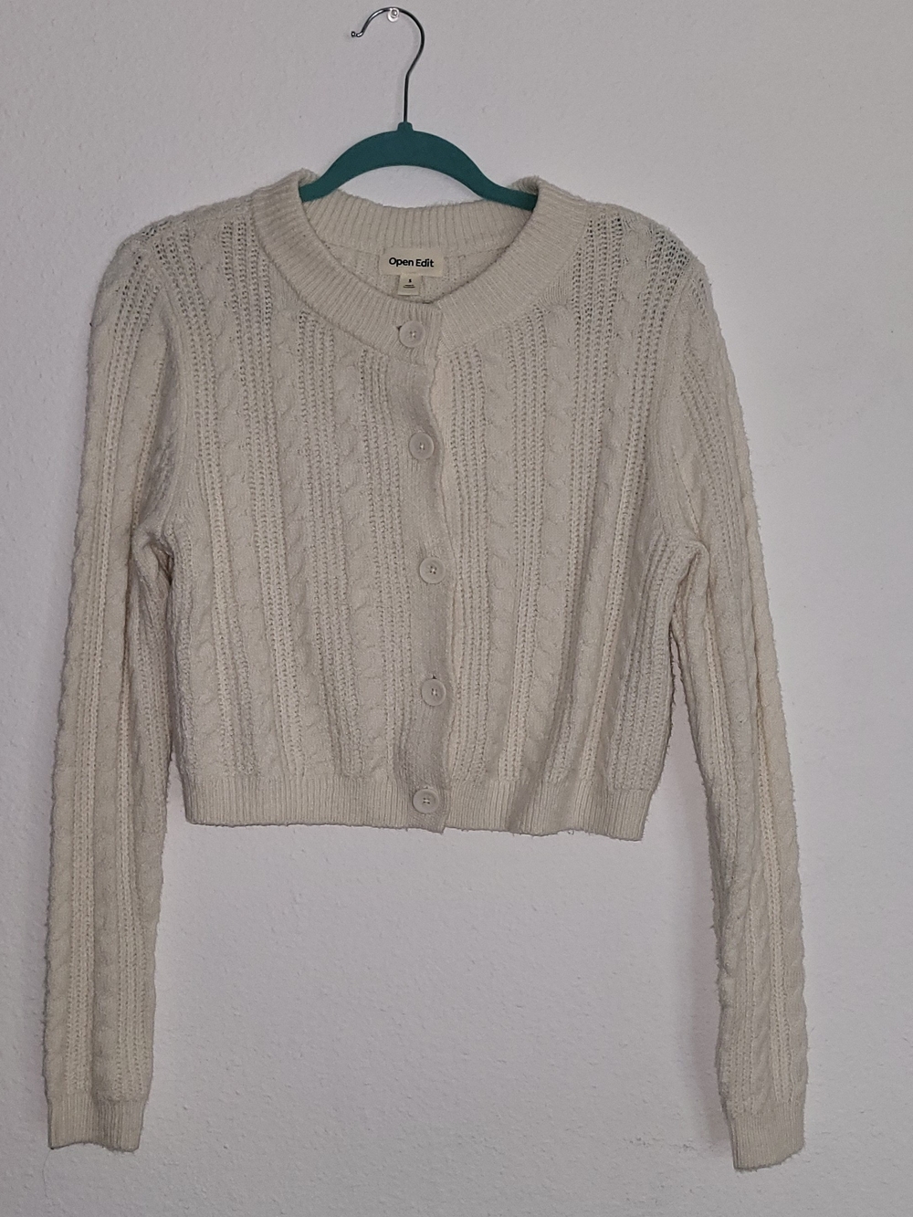 Open Edit Cream Cable-Knit Button Cardigan